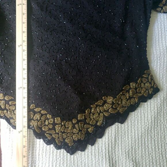 VTG Lourence Kazar Top Blouse Short Sleeves Black Gold Fully Sequins Lined Sz XL - Picture 14 of 15